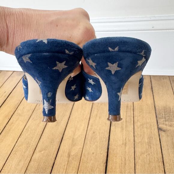 J. Crew Sophia Blue and Silver Starry Suede Kitten Heels Mules 7 americana - Picture 10 of 11